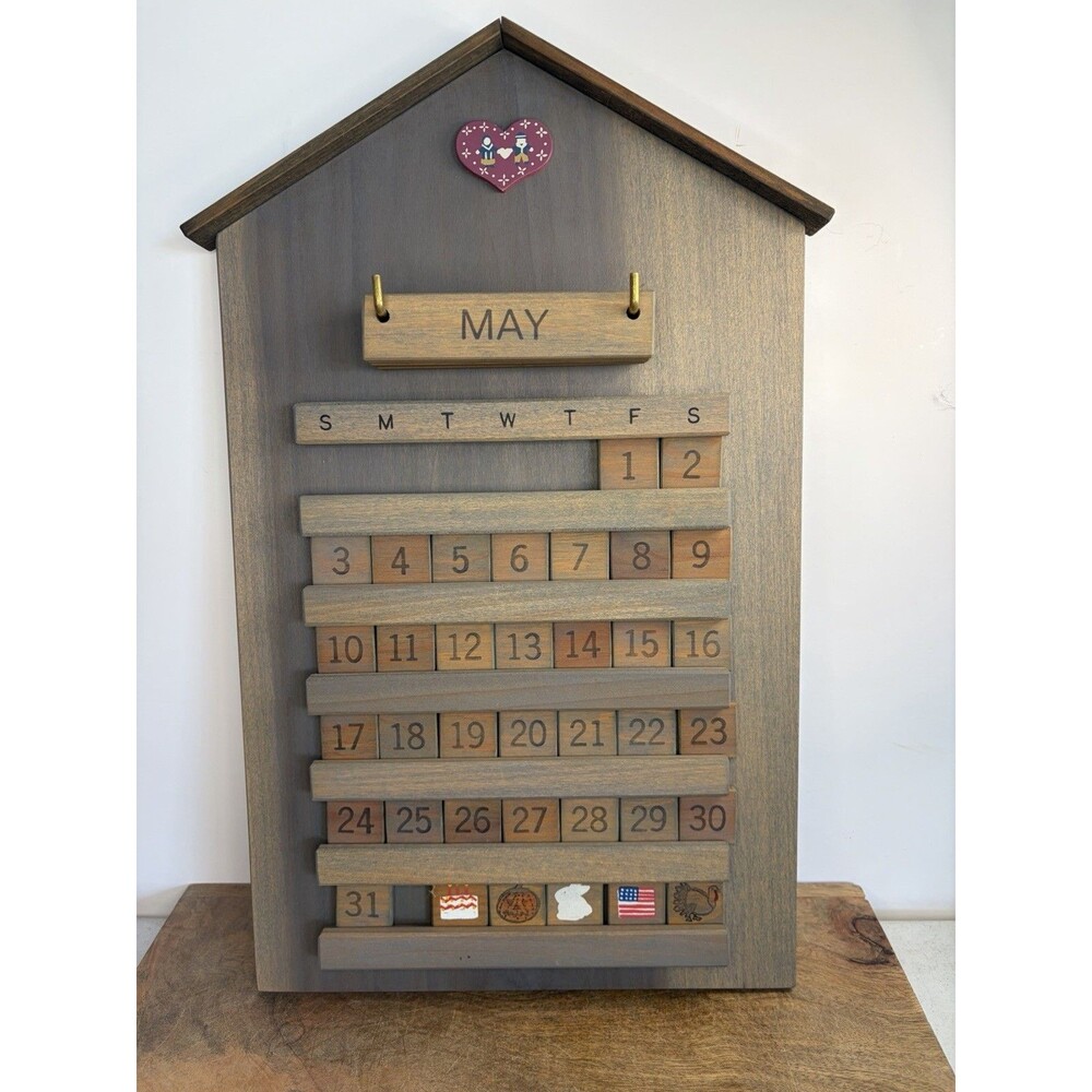 Vintage Wooden Perpetual Calendar Wall Hanging Holiday Tiles Heart Amish Mint